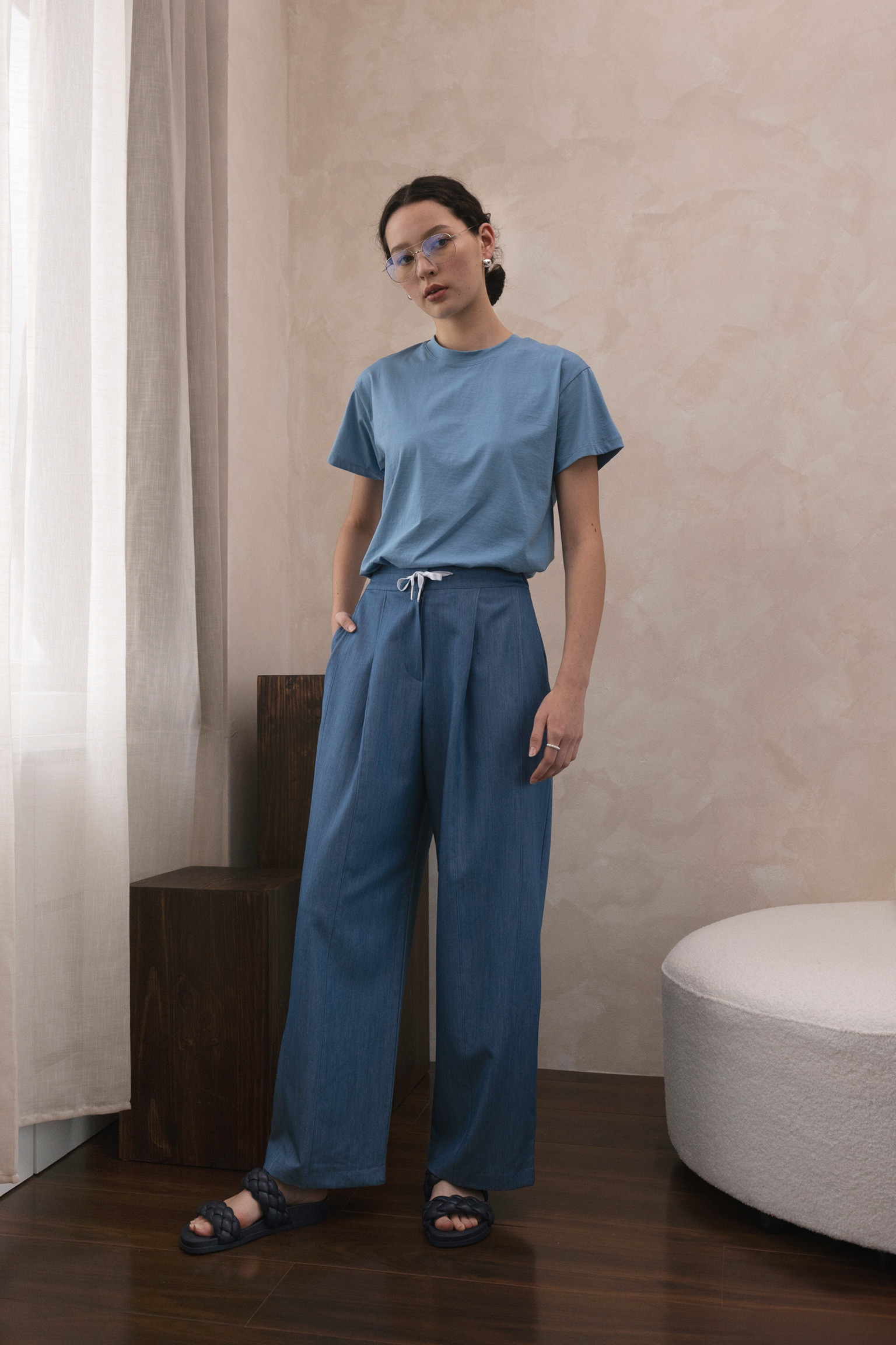 AL07/ BANDED SHIMMER TIE DENIM PANTS