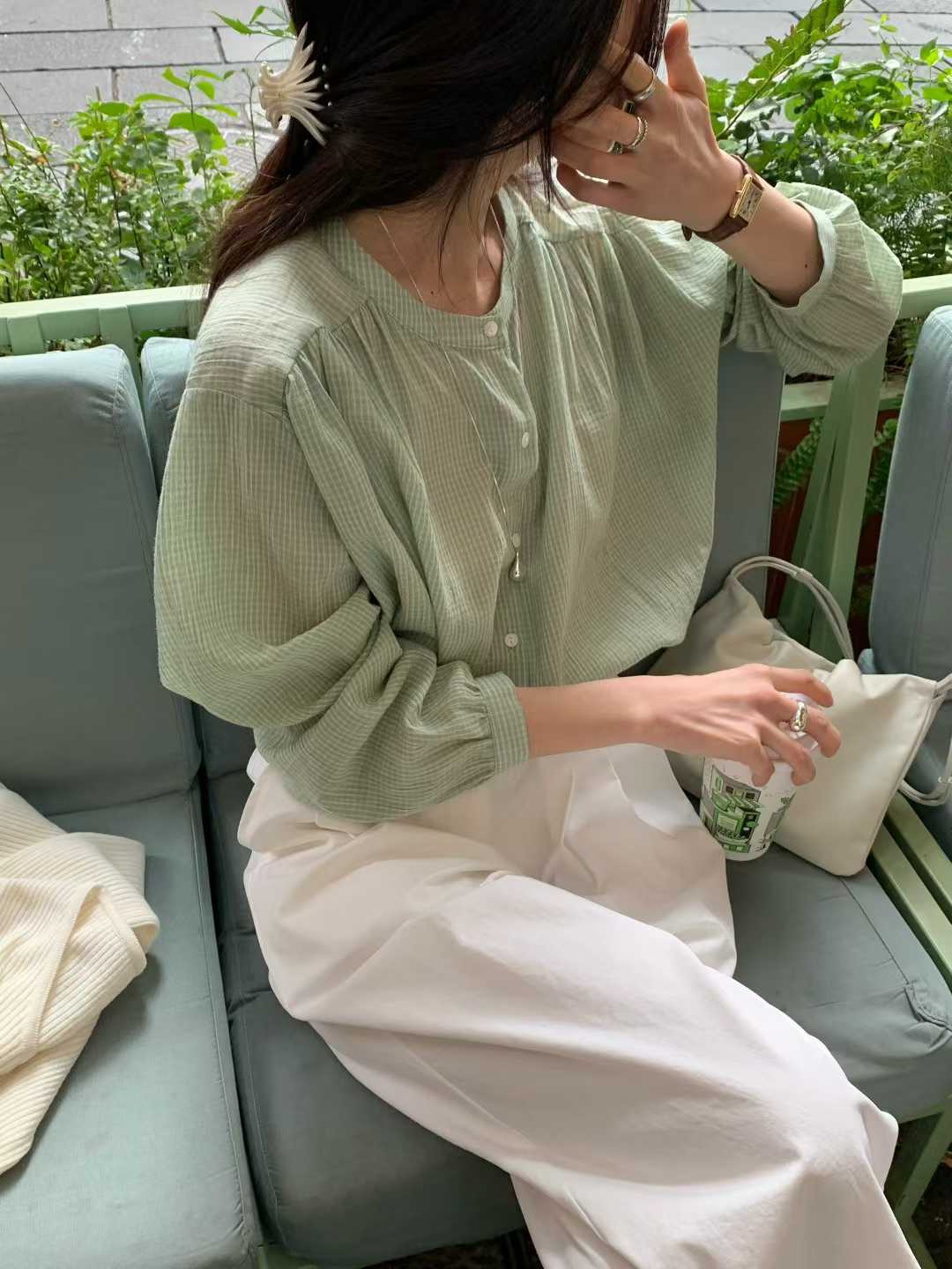 EVELYN SMALL CHECKS MANDARIN SHIRT