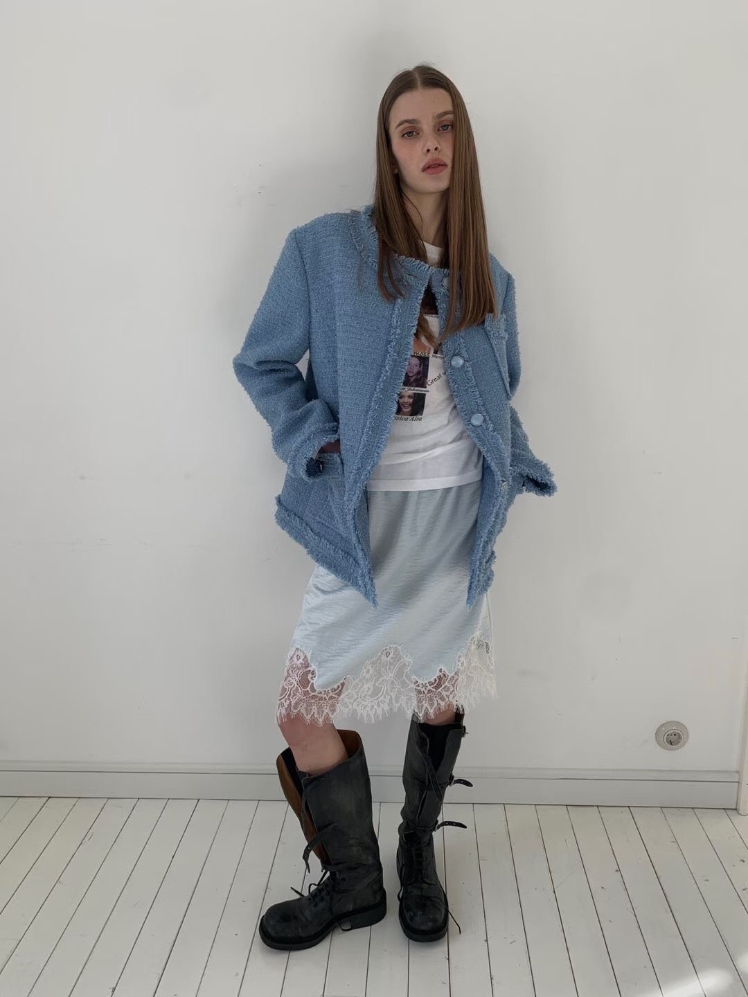 TS14 / ELASTIC BANDING SATIN/LACE MIDI SKIRT