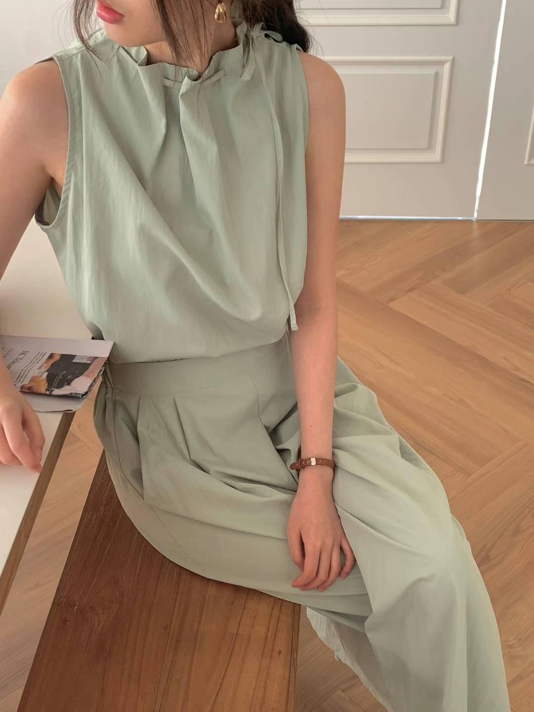 DUA DRAWSTRING HIGH COLLAR TOP-CULOTTES SET