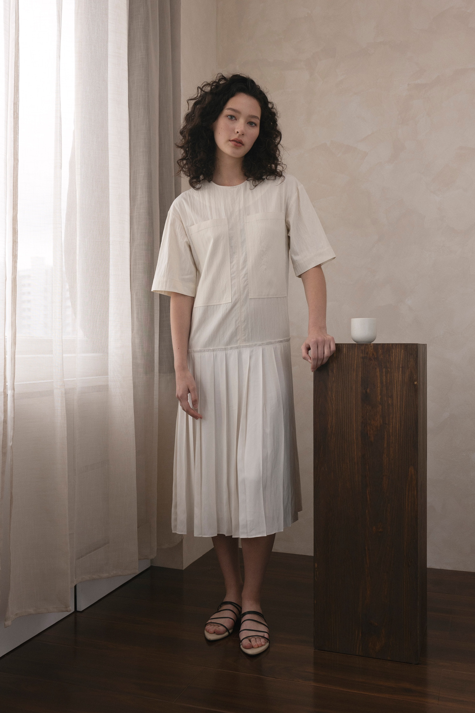 AL01/ DROP WAIST PRESSED PLEATS DRESS