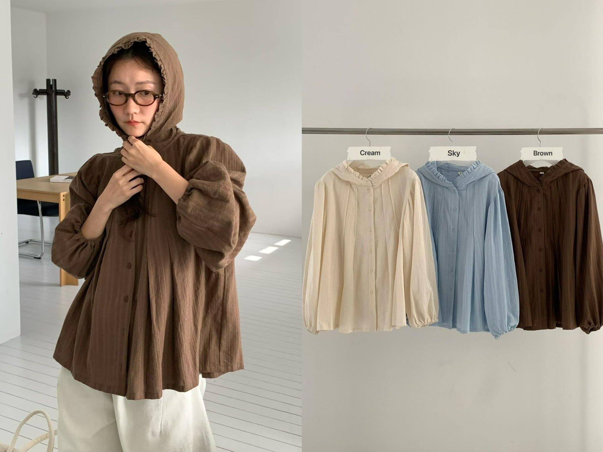 VP17 / RUFFLE TRIM HOODED BLOUSE
