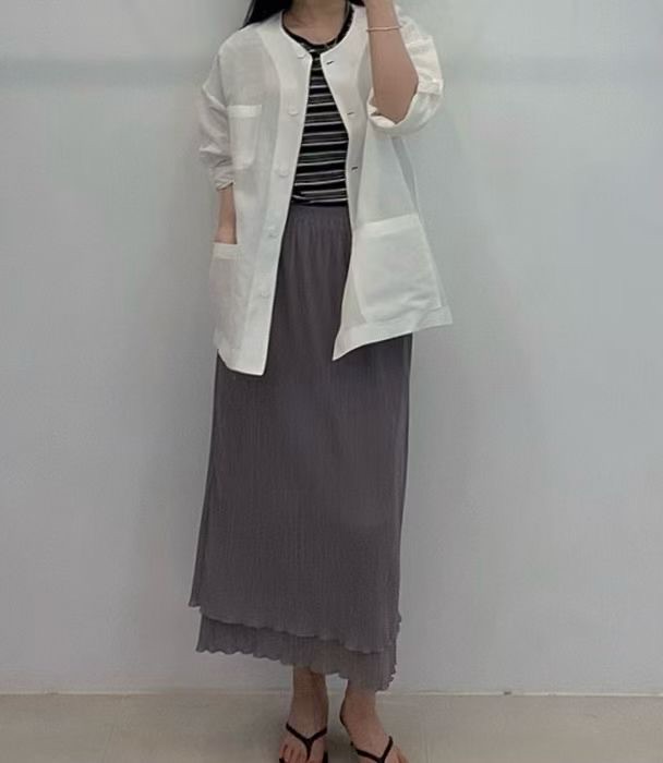 FP17 / COLLARLESS POCKET LONG JACKET