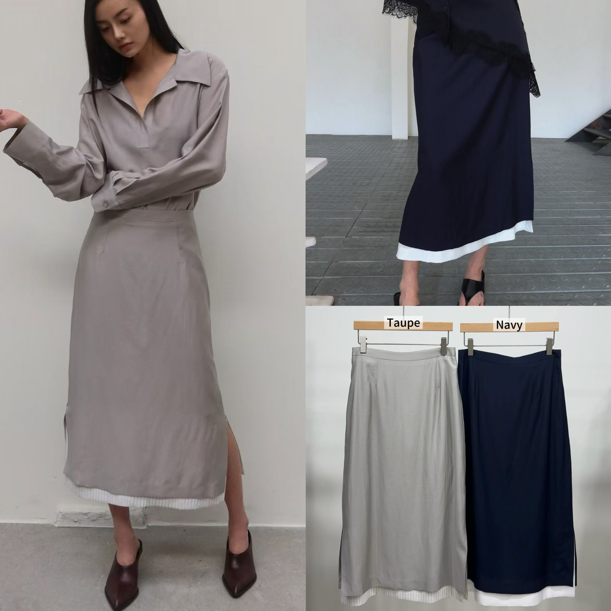 BY06 / TWO-TONE HEM SIDE SLIT SKIRT