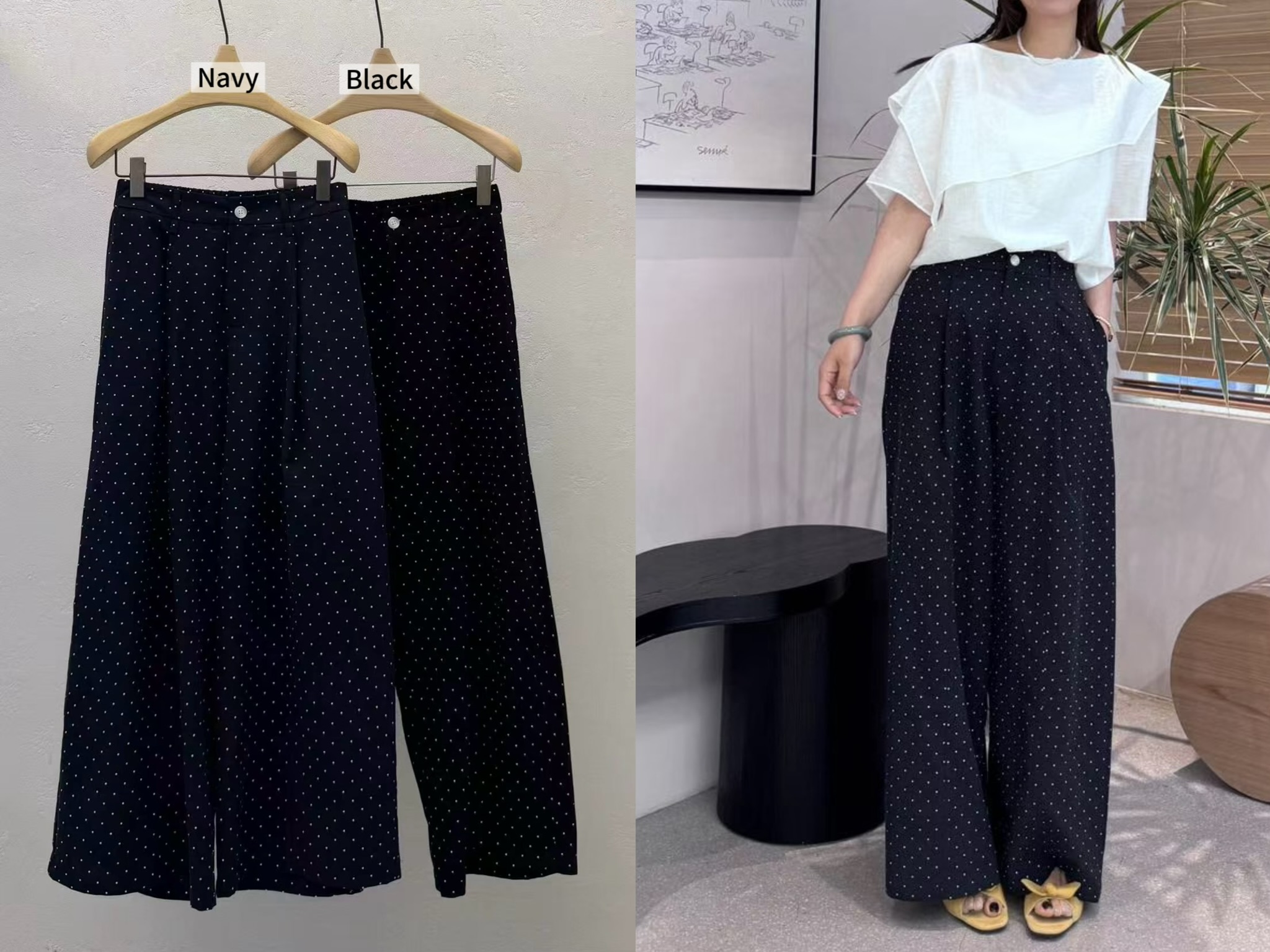 GA29 / ELASTIC BAND POLKA DOT WIDE LEGGED PANTS