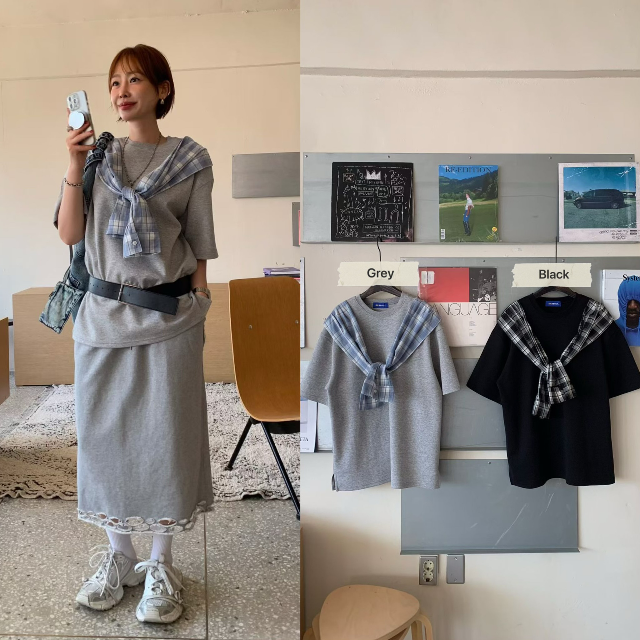 KS03 / CHECKERED SHOULDER TIE TEE