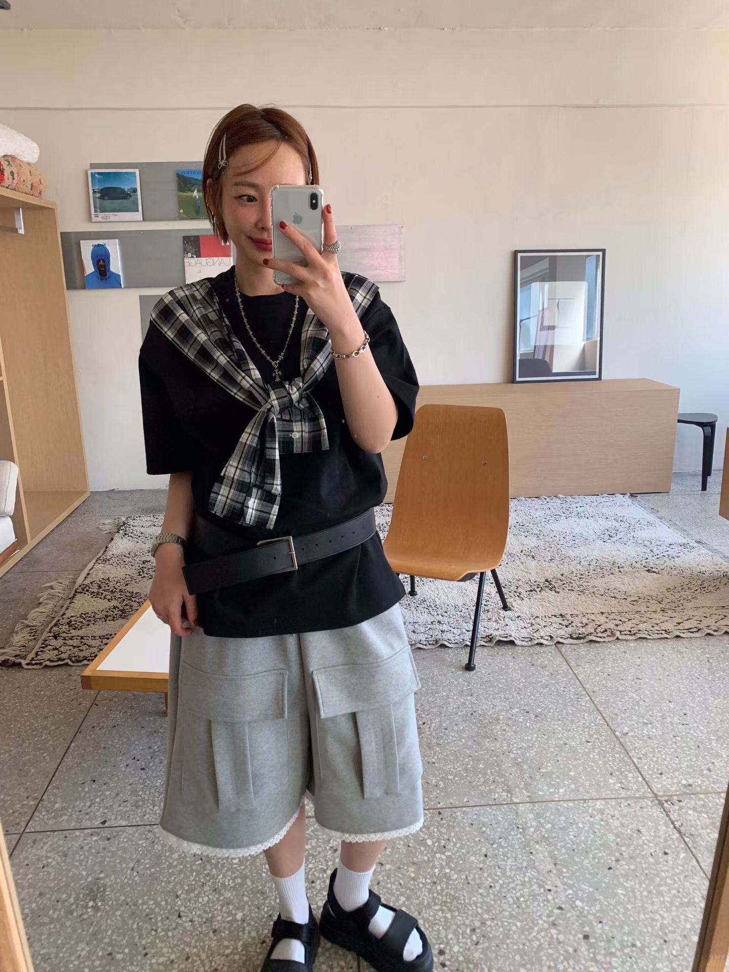 KS03 / CHECKERED SHOULDER TIE TEE