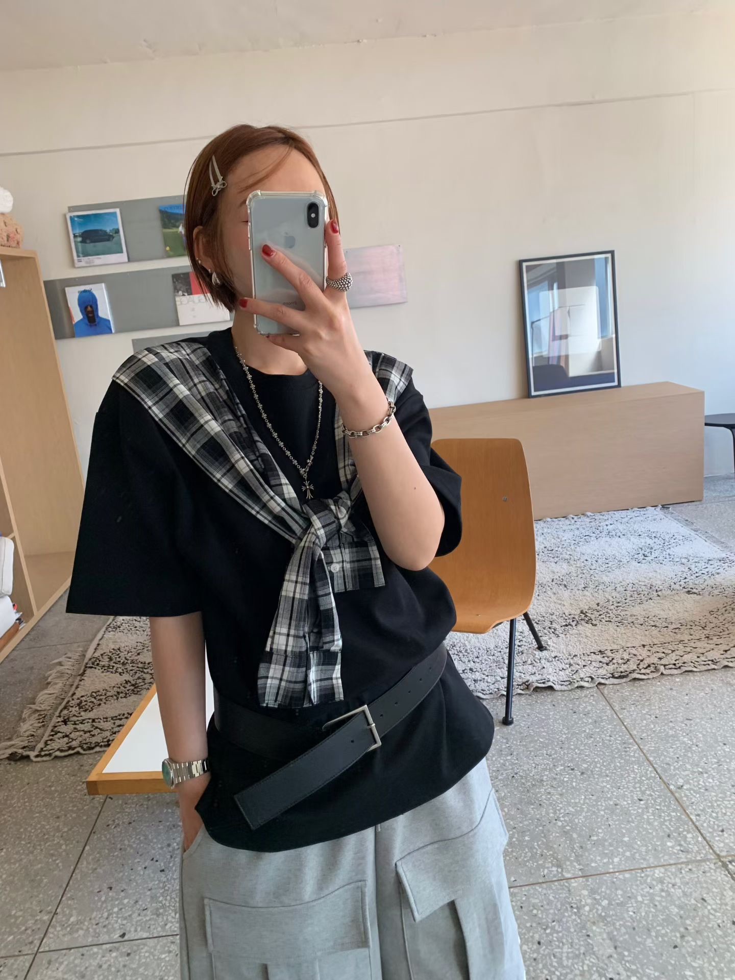 KS03 / CHECKERED SHOULDER TIE TEE