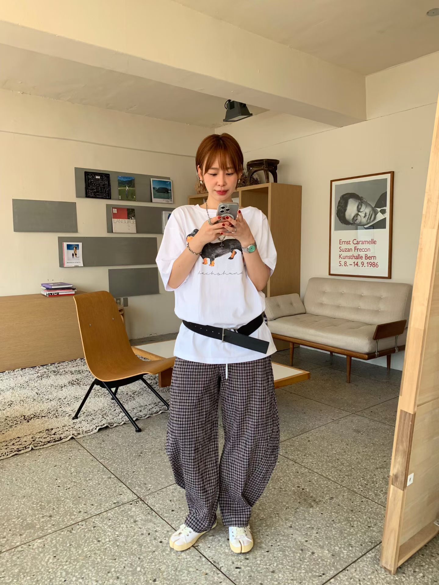 KS10 / CONTRAST BAND CHECKERED BARREL TROUSERS 