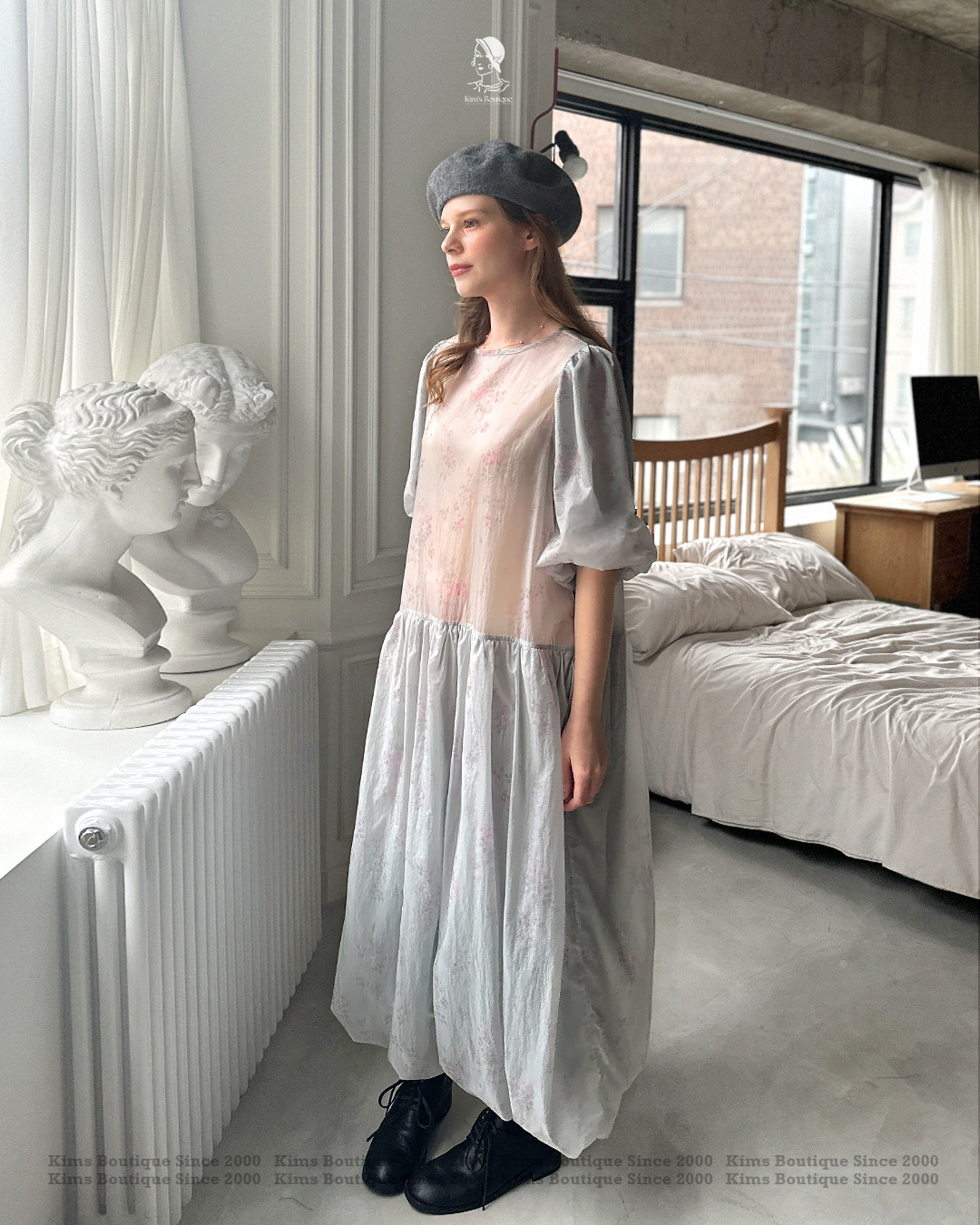 KB03 / Drop Waist Puff Sleeves Floral Dress