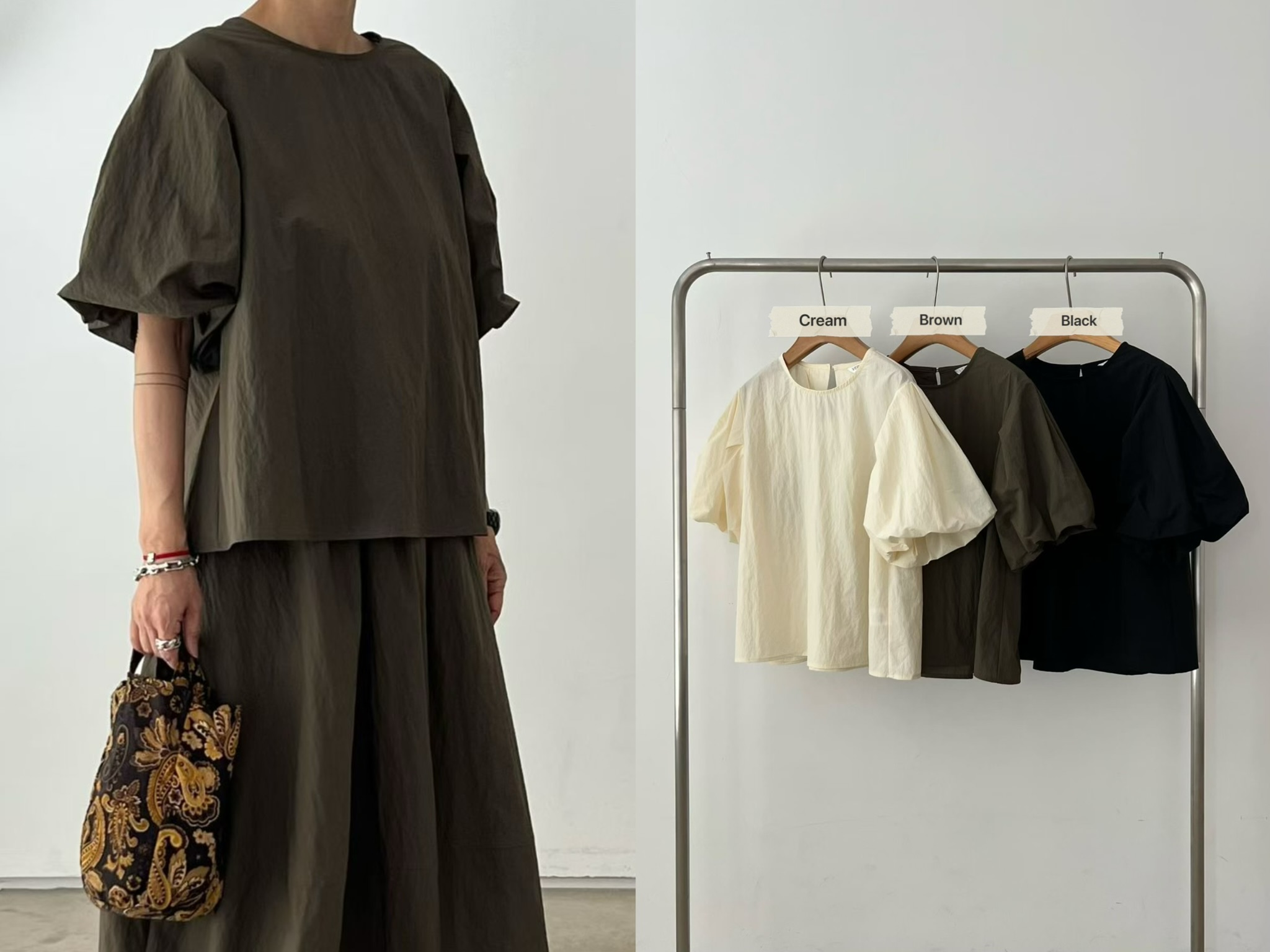 VN21 / ROUND NECKLINE PUFF SLEEVES TOP