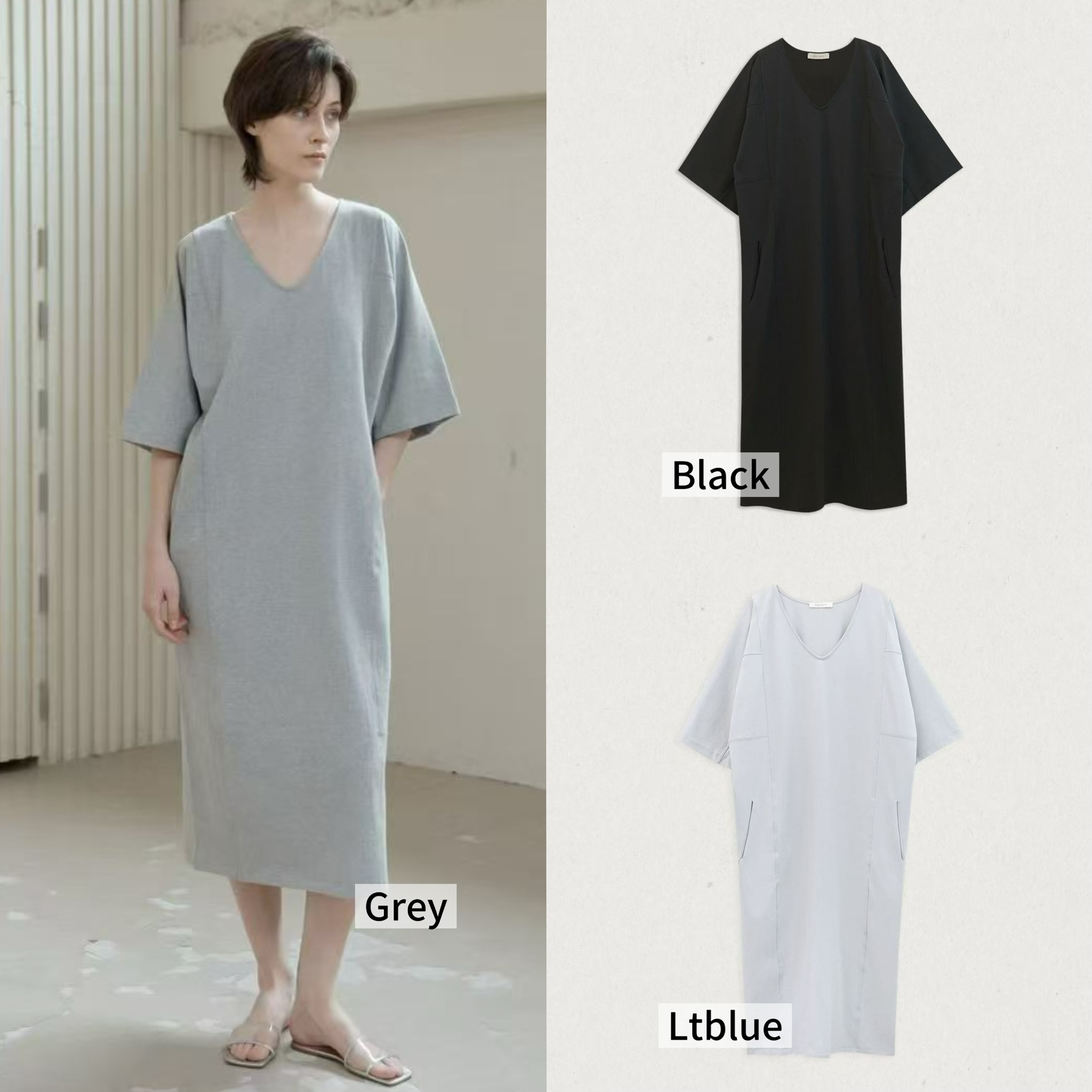WW32 / V NECKLINE 3/4 SLEEVES DRESS