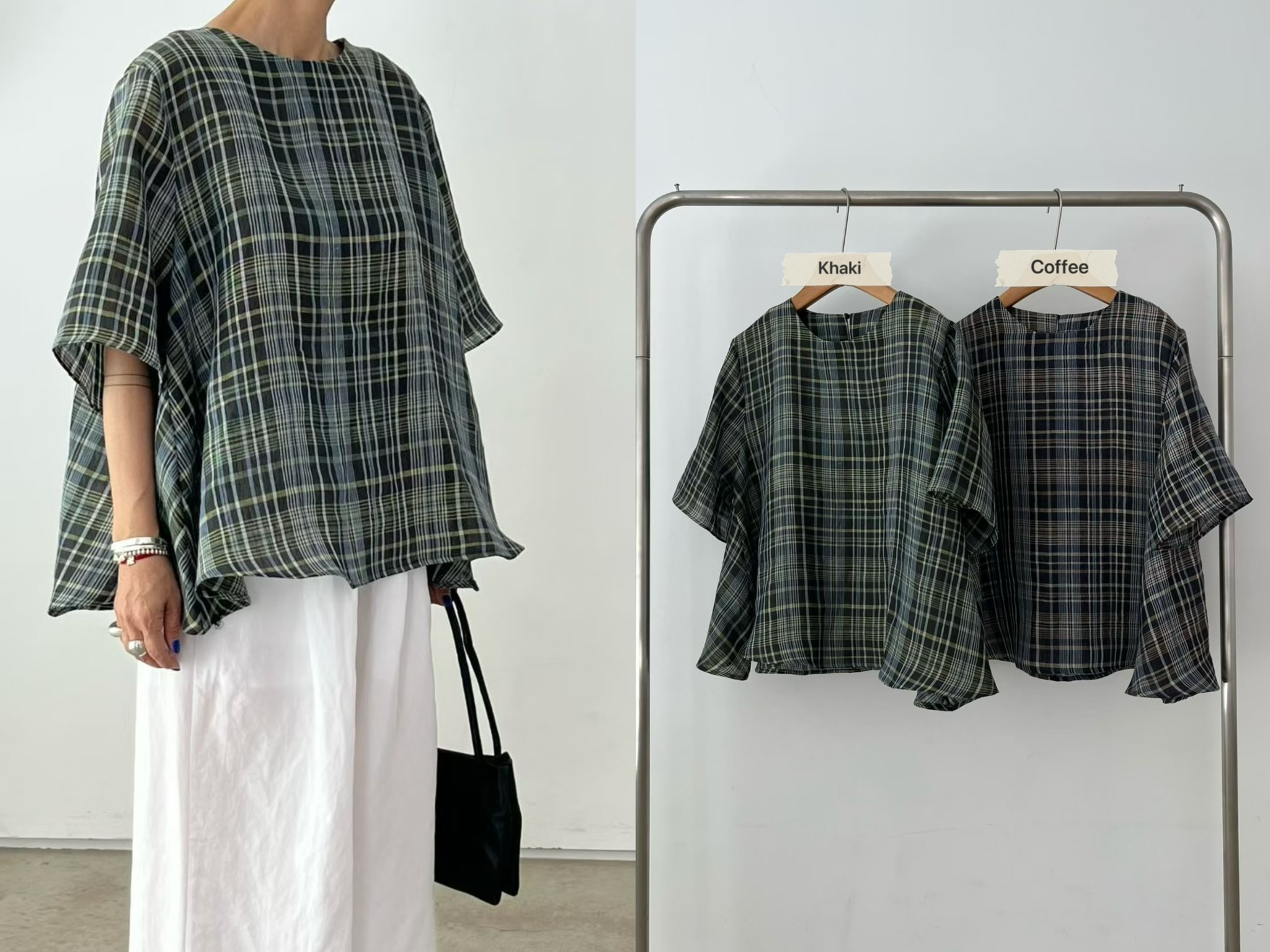 VN30 / SHORT SLEEVES PLAID A-LINE TOP