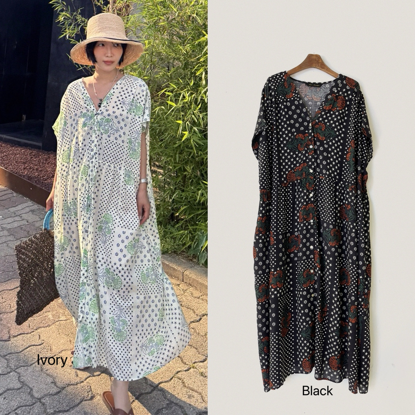 KB11 / V neckline Floral Loose Dress