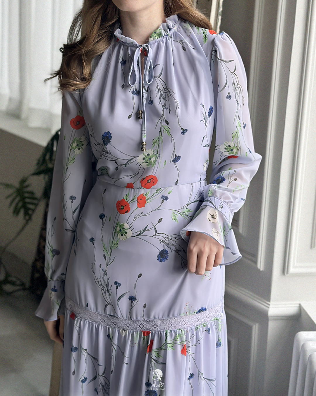 KB02 / Front Tie Floral/Lace Long Dress