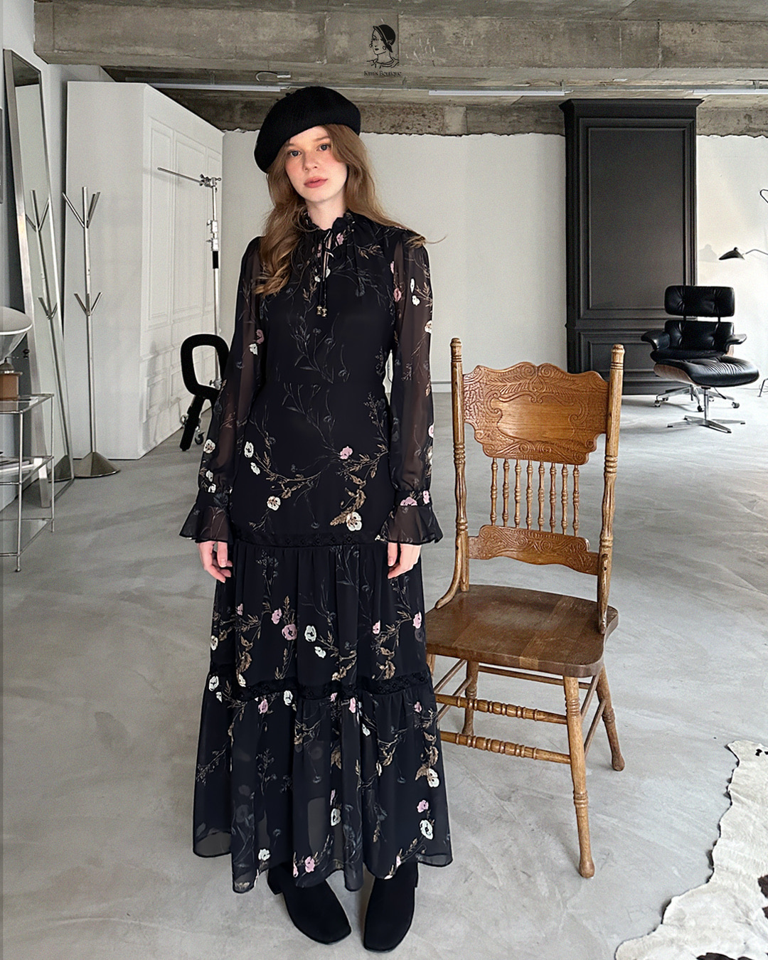 KB02 / Front Tie Floral/Lace Long Dress