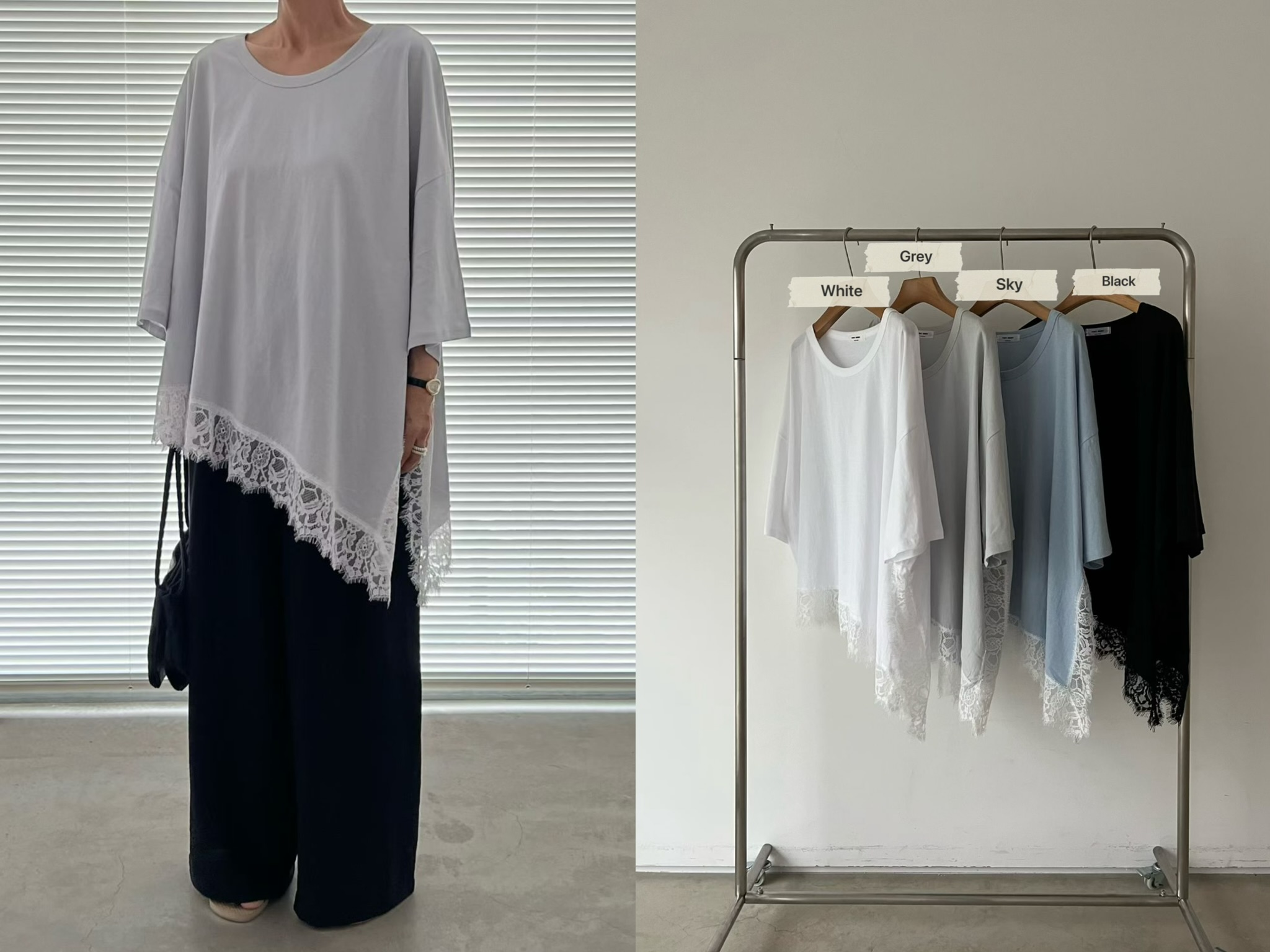 VN18 / ASYMMETRICAL LACE HEM LOOSE FIT TEE