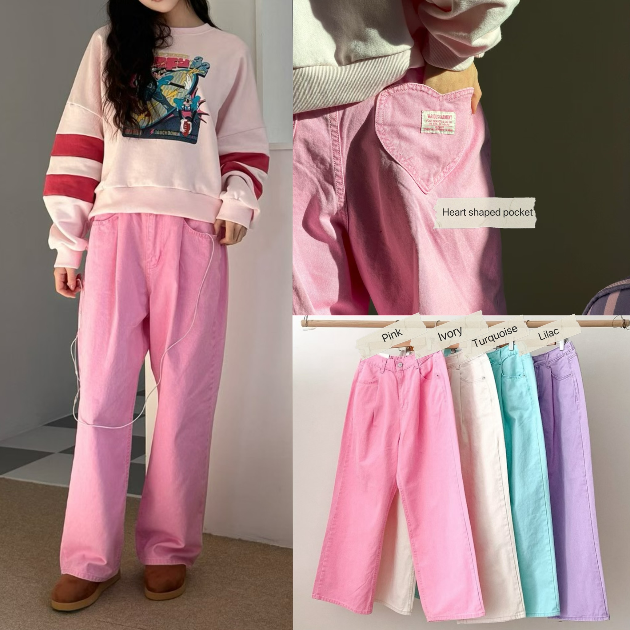 6703 / Heart Shaped Pocket Elastic Banding Coloured Jeans 