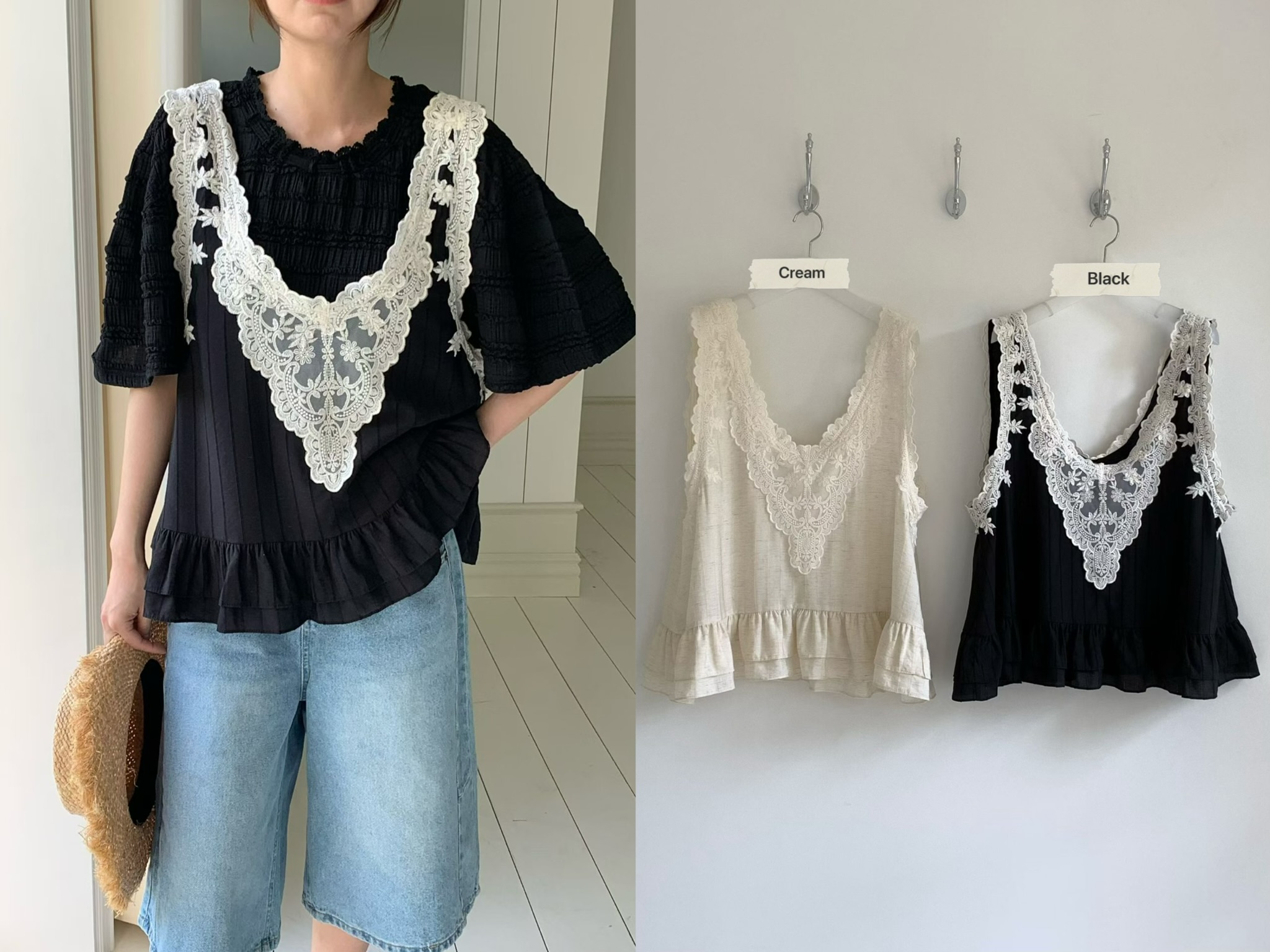 RT18 / V-NECKLINE LACE LAYERING PEPLUM TOP