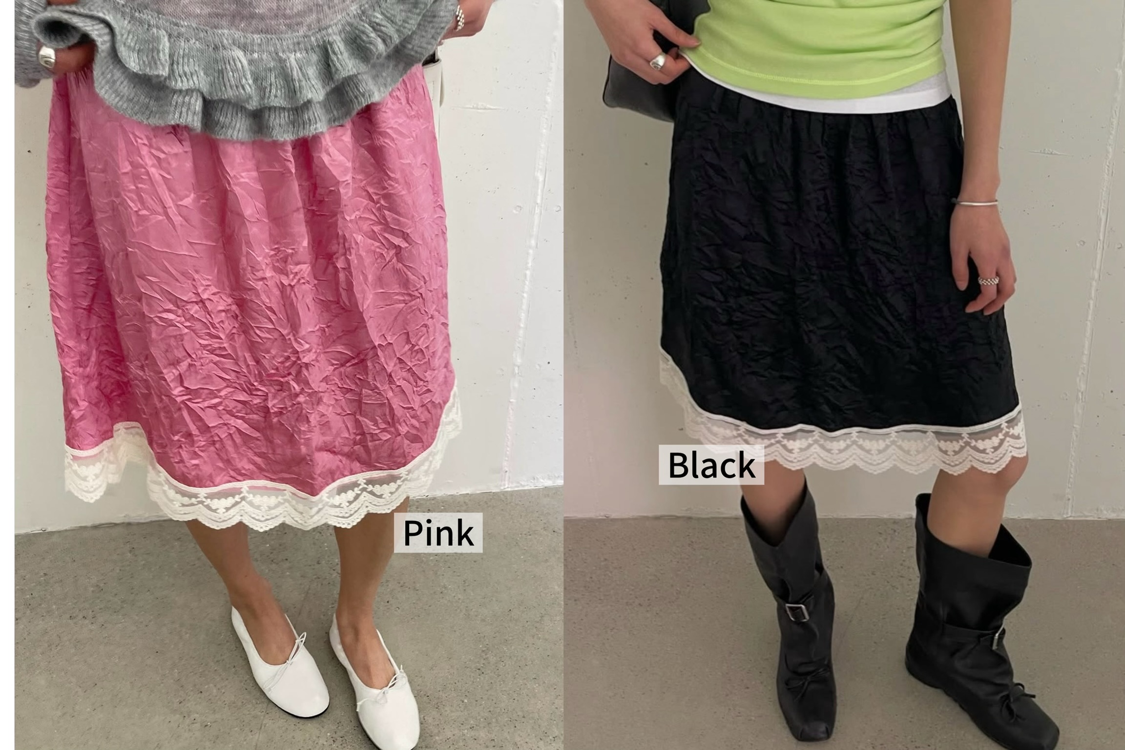 PG07 / CRINKLE TEXTURE SKIRT WITH LACE HEM