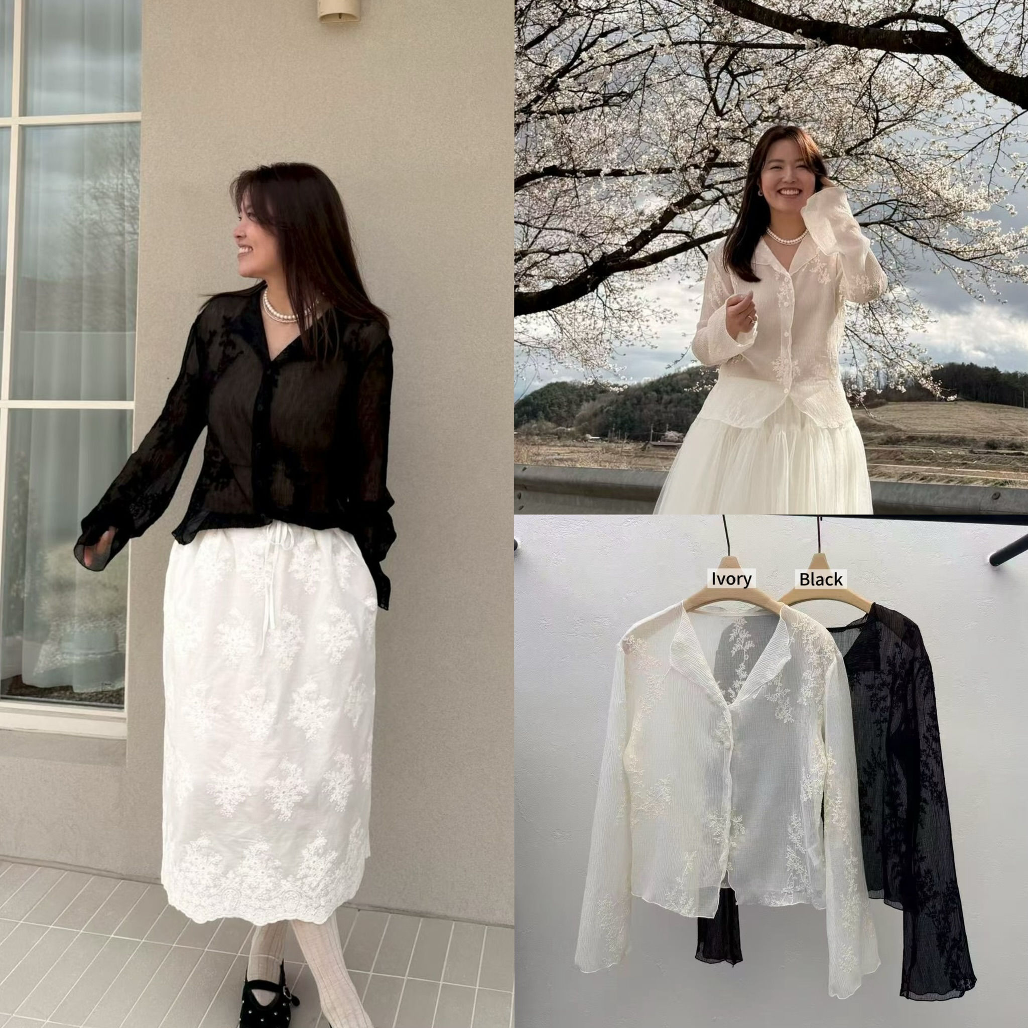 DA17 / SEMI SHEER FLOWER APPLIQUE TOP/CARDIGAN