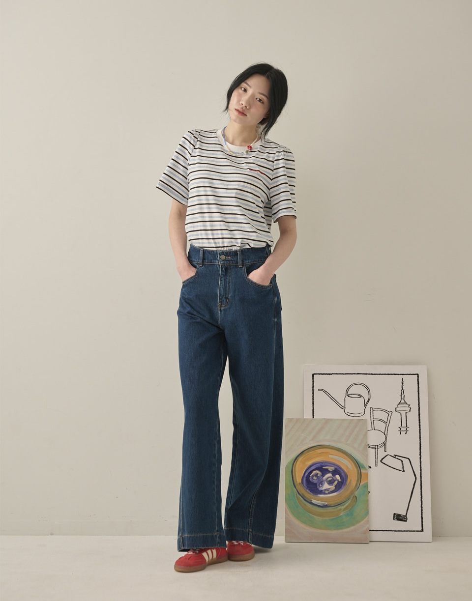 DD17 / Basic Logo Stripe Puff Sleeve T-Shirt