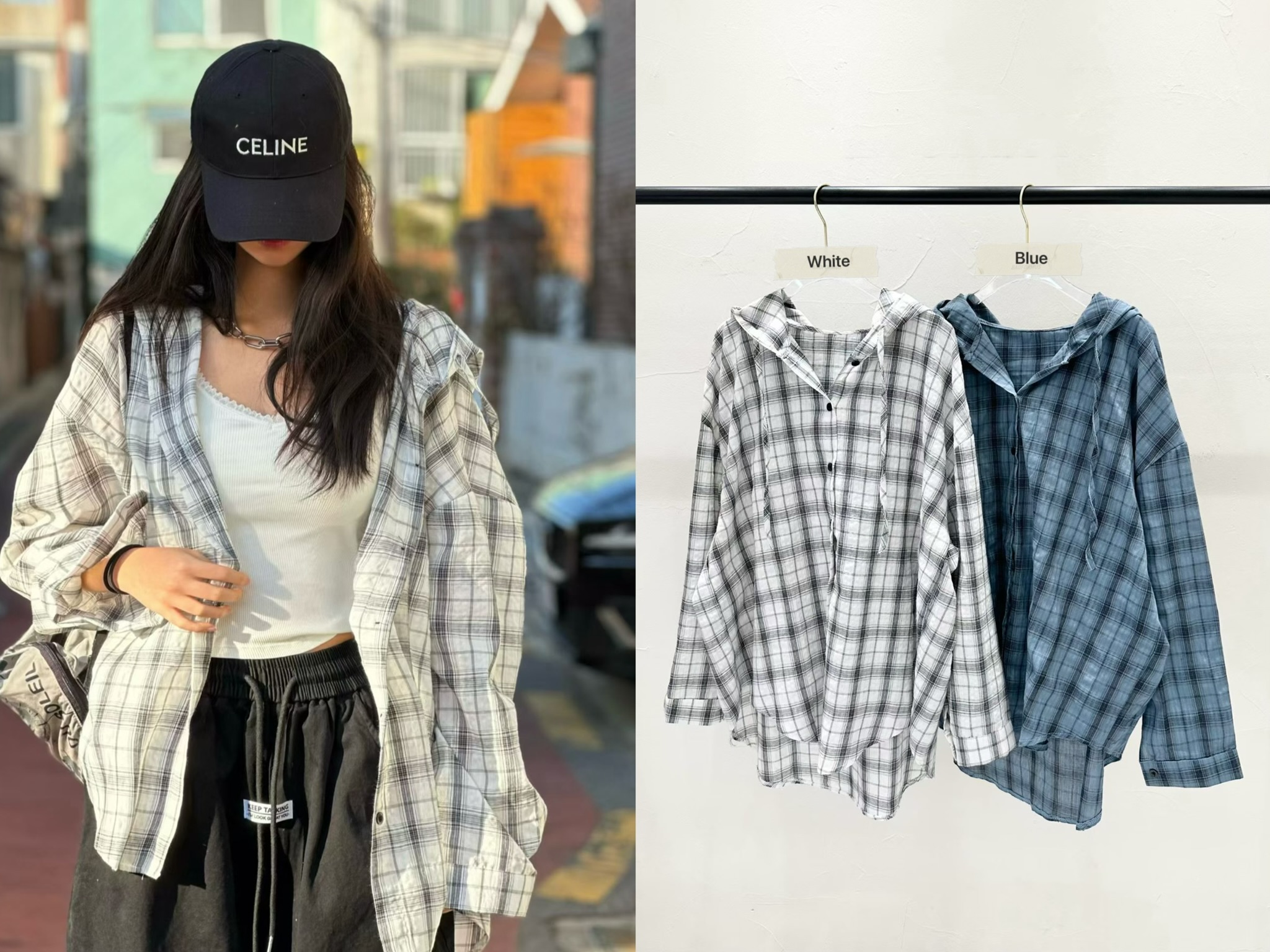 BF10 / Check Plaid Oversized Hooded Shirt