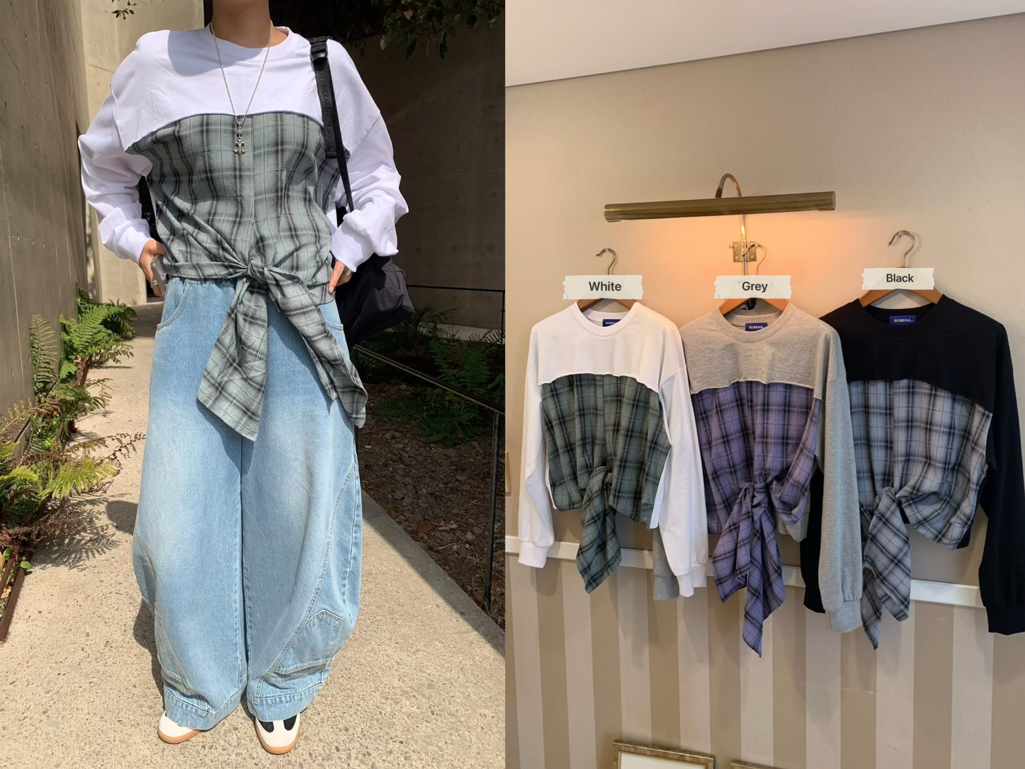 KL03 / LAYERED PLAID TOP WITH FRONT-TIE DETAIL