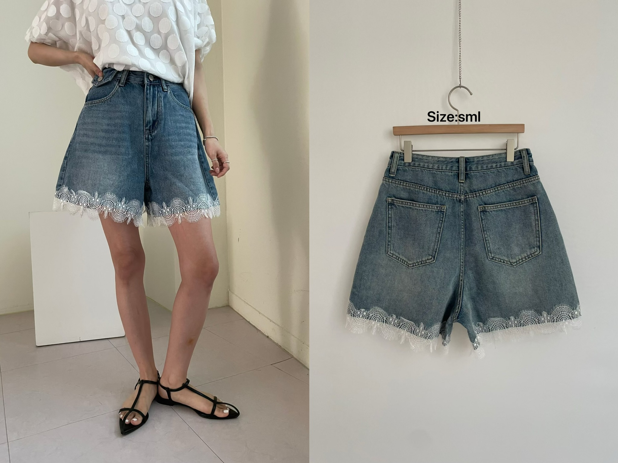 YQ27 / LACE HEM DENIM SHORTS 