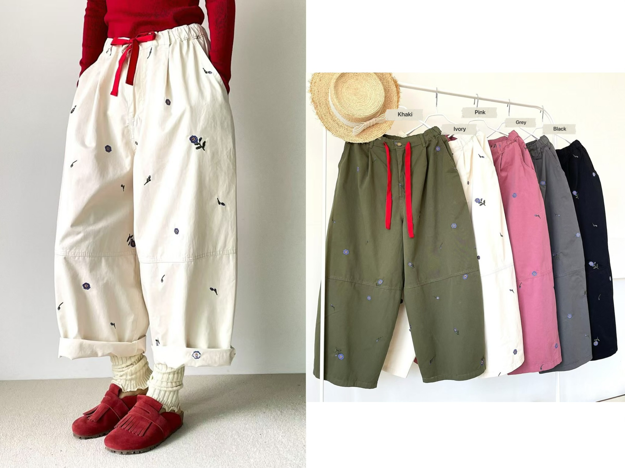 YQ29 / CONTRAST DRAWSTRING FLORAL EMBROIDERED TROUSERS