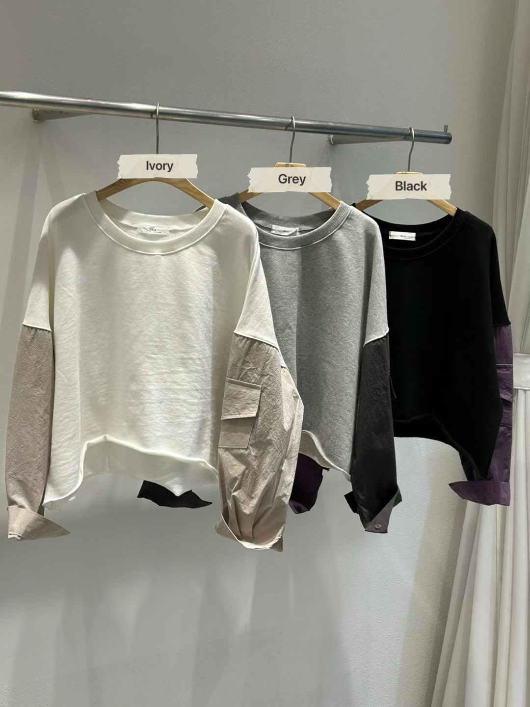 KR14 / Contrast Sleeves Cropped Outer Sweatshirt