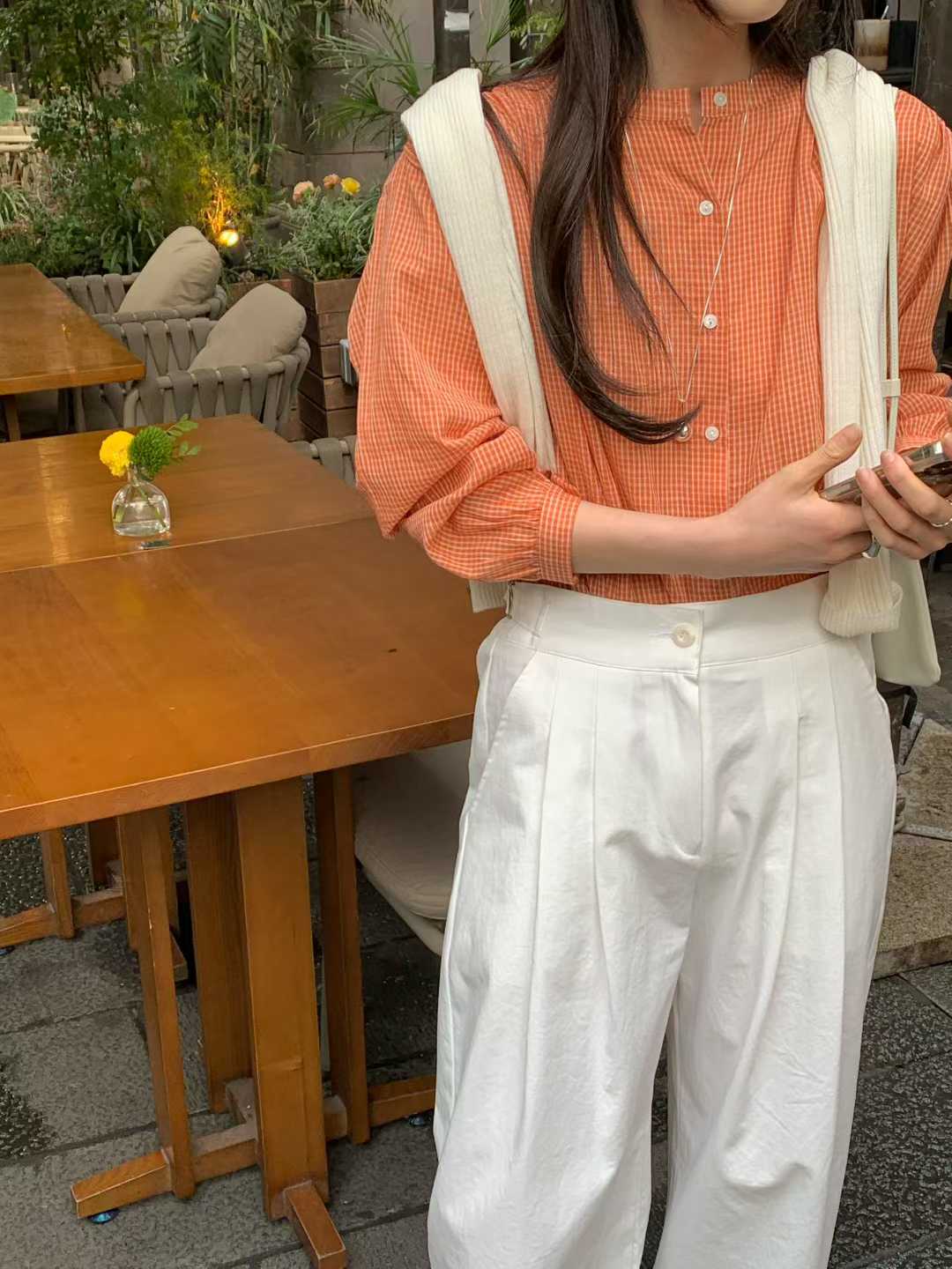 EVELYN SMALL CHECKS MANDARIN SHIRT