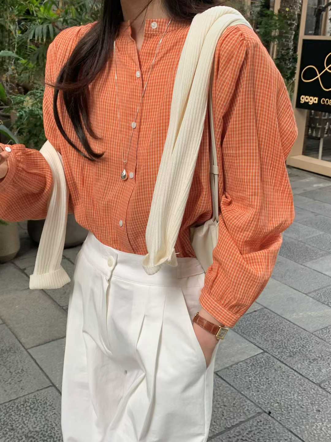 EVELYN SMALL CHECKS MANDARIN SHIRT