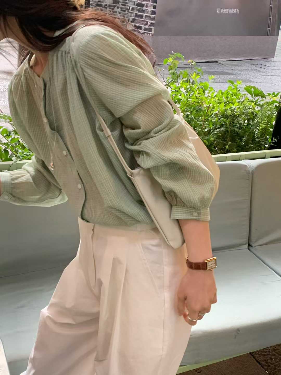 EVELYN SMALL CHECKS MANDARIN SHIRT