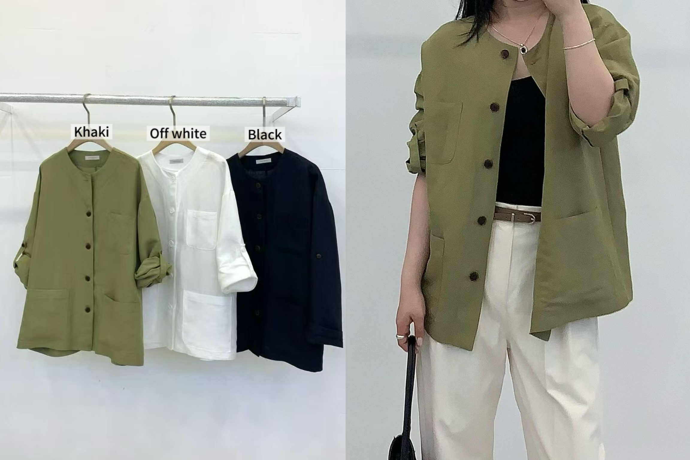 FP17 / COLLARLESS POCKET LONG JACKET