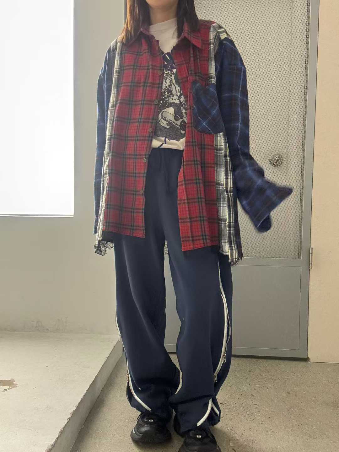 DAELYN PATCHWORK CHECKS LACE TRIM SHIRT