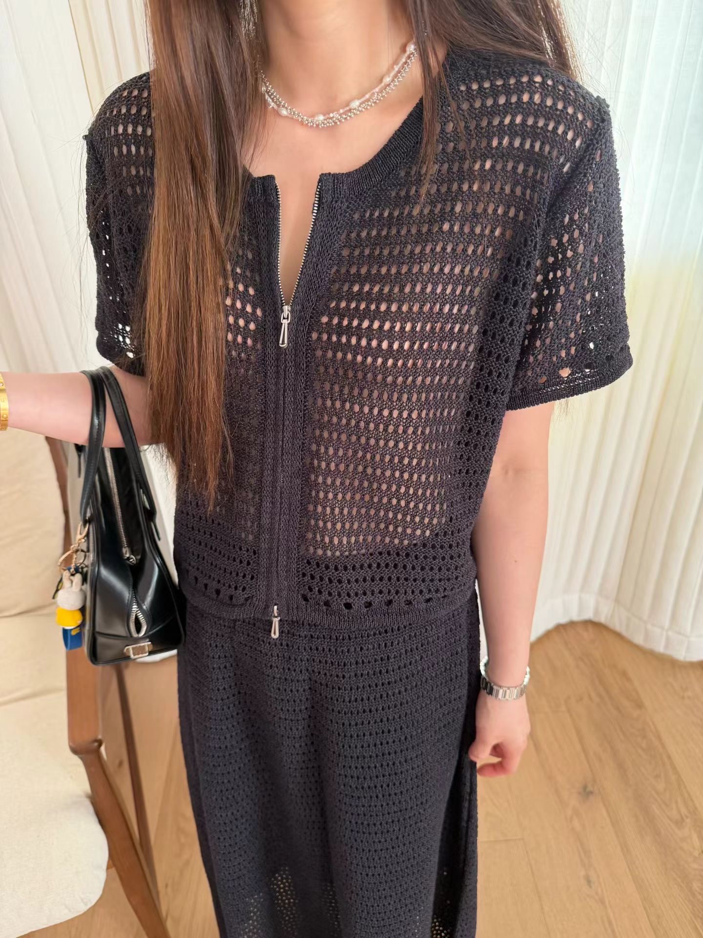 MU14 / OPEN KNIT MESH ZIP UP CARDIGAN TOP