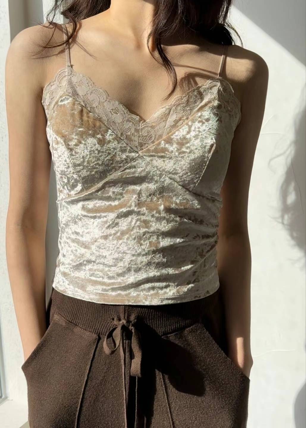 Blaise crushed velvet lace trimming camisole