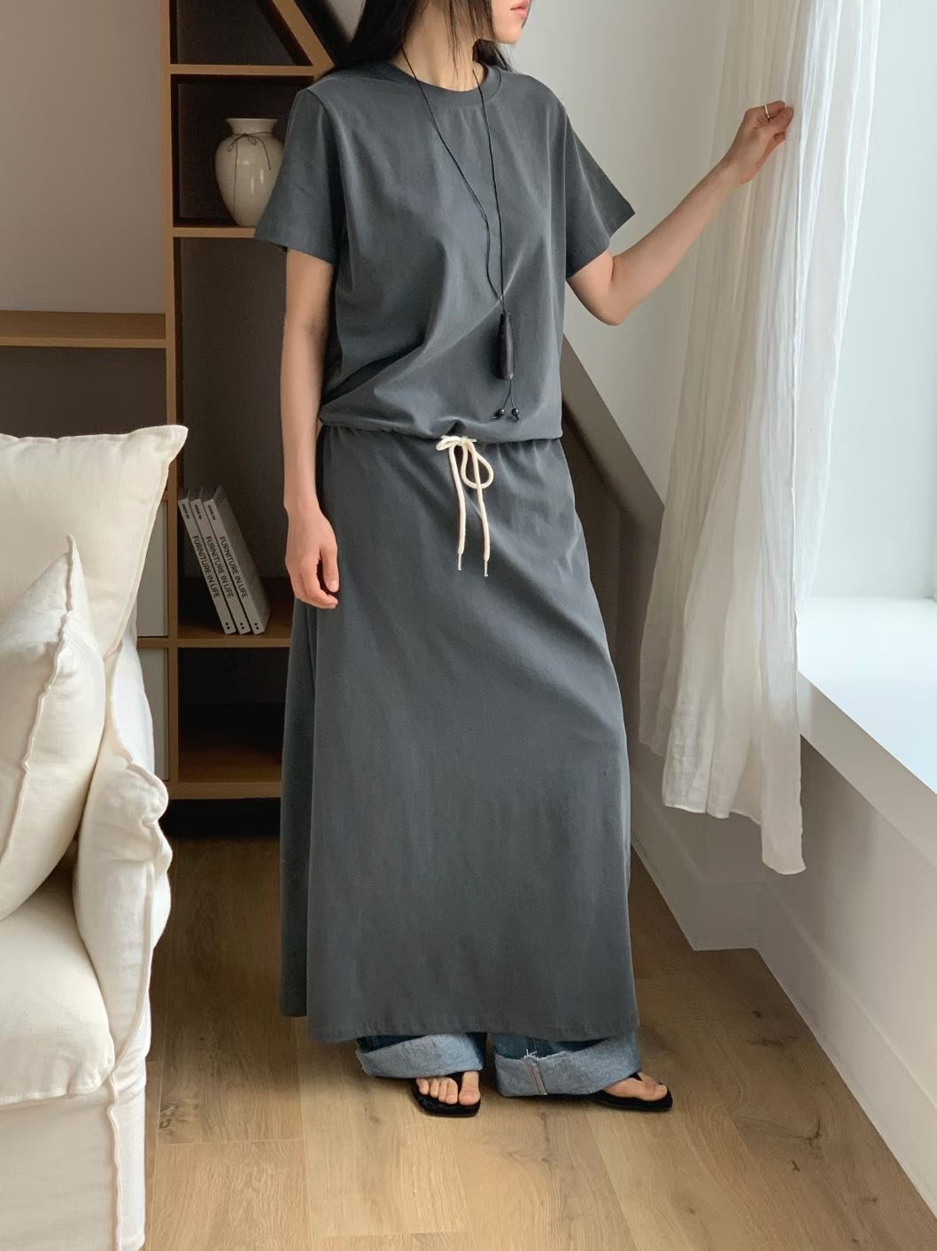 090426/DRAWSTRING WAIST TEE-SHIRT DRESS 