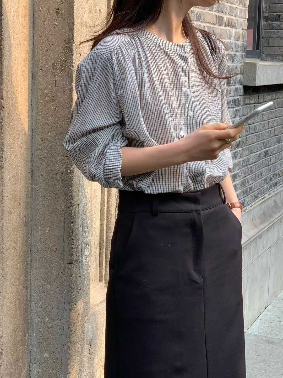 EVELYN SMALL CHECKS MANDARIN SHIRT