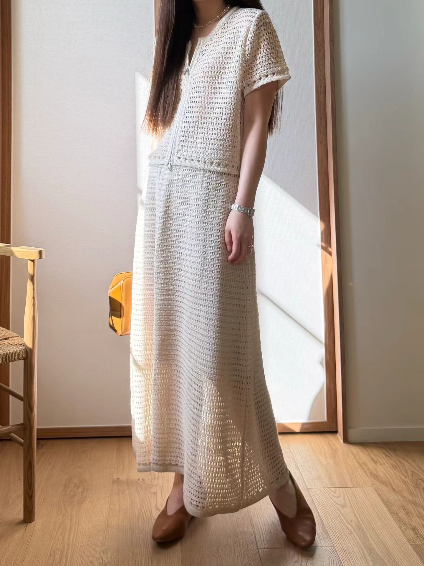 MU15 / OPEN KNIT MESH ELASTIC WAISTBAND A-LINE SKIRT
