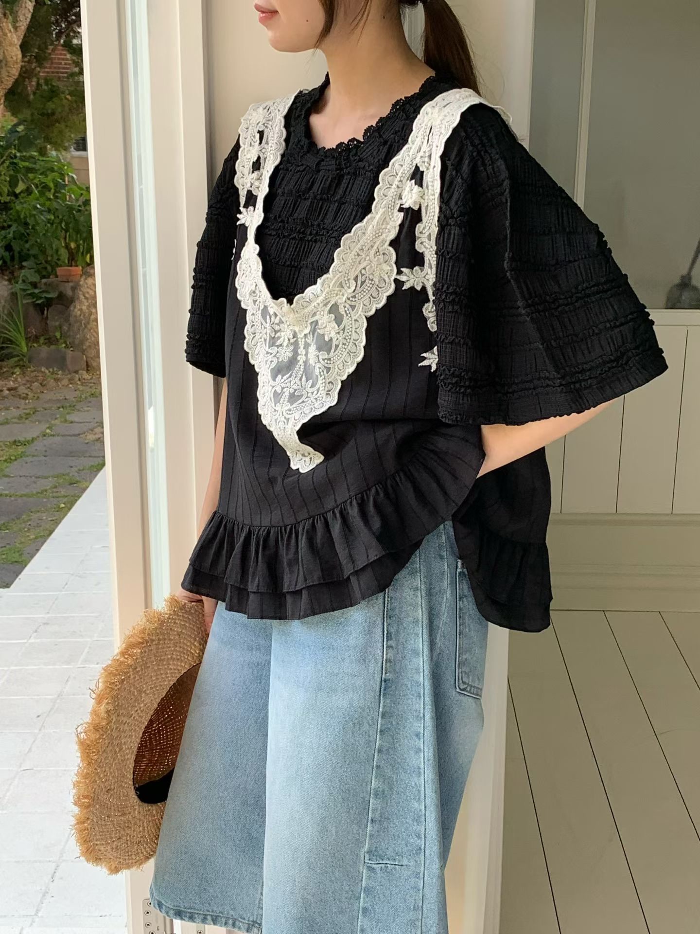 RT18 / V-NECKLINE LACE LAYERING PEPLUM TOP
