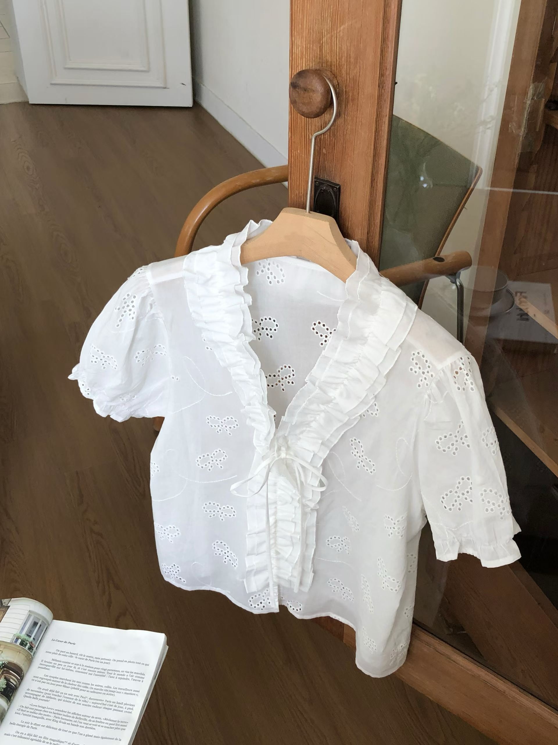 EVELINA RUFFLE COLLAR EYELET BLOUSE