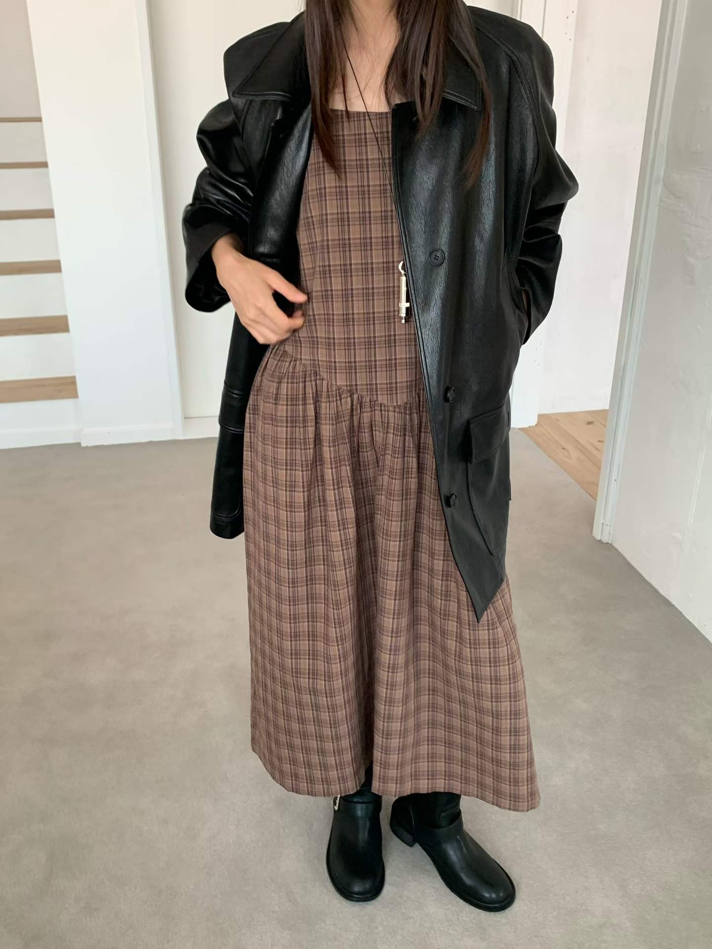 FALA PLAID SPAGHETTI STRAPS PINAFORE DRESS