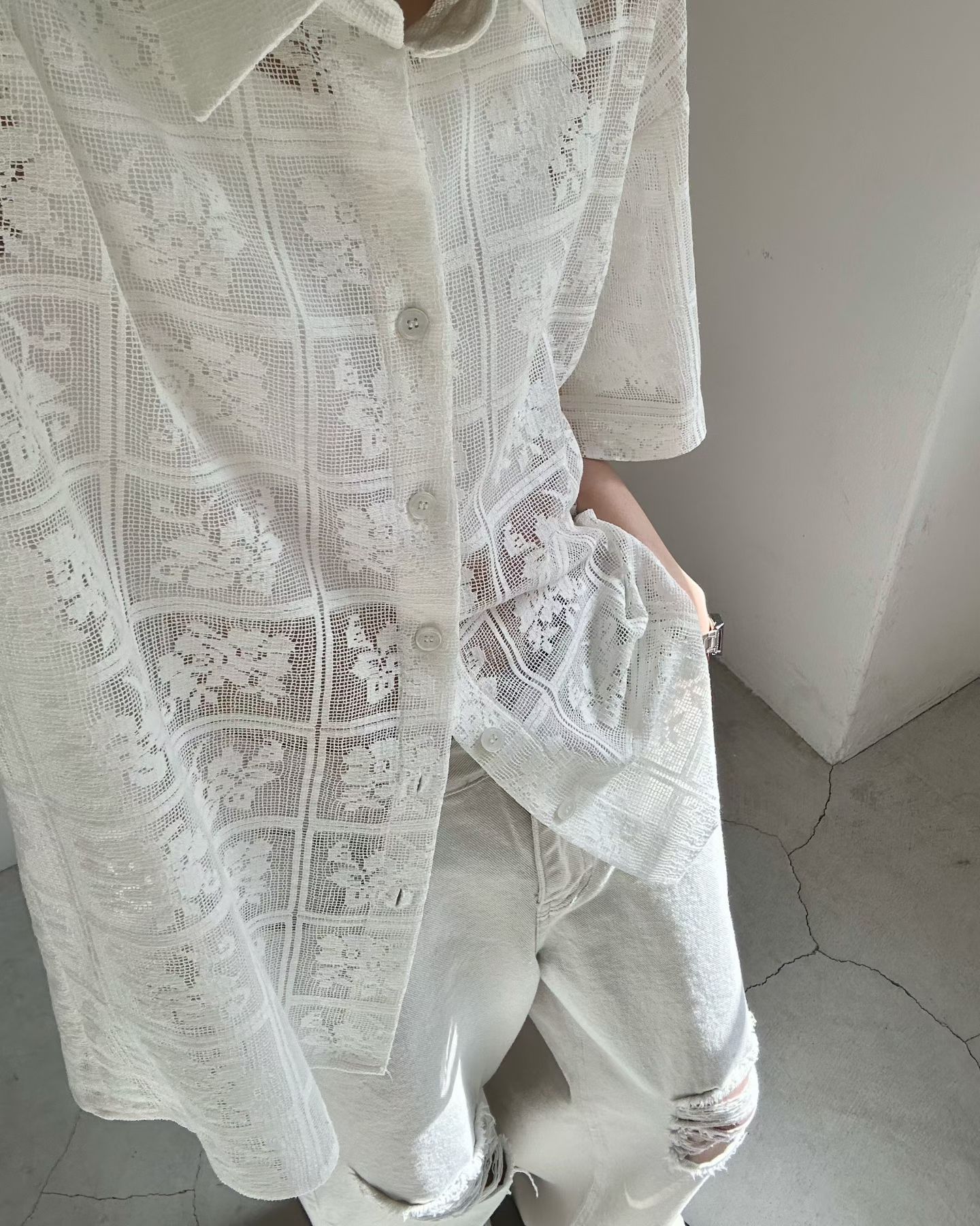 T160426/BUTTON DOWN CROCHET SHIRT 