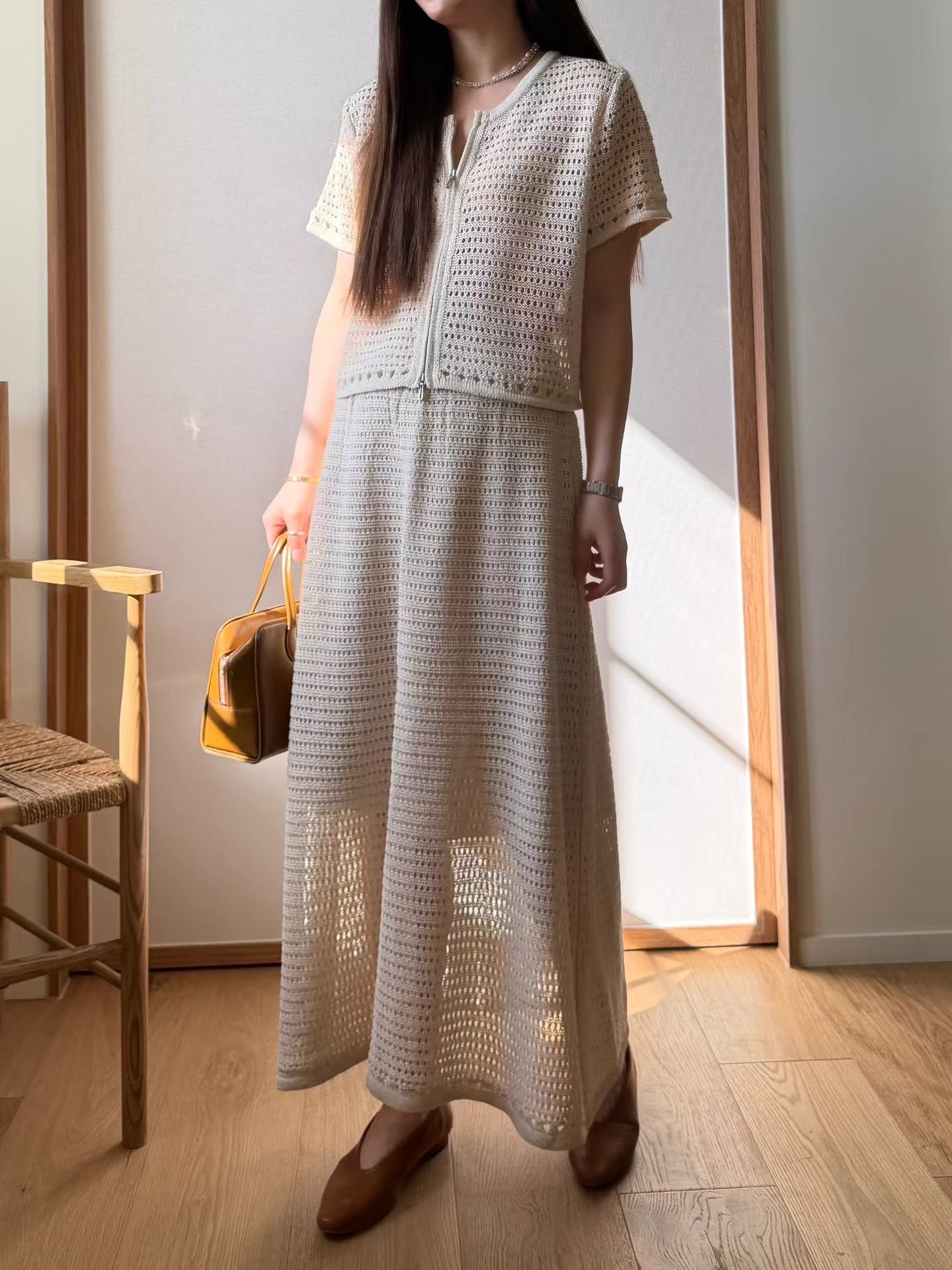 MU15 / OPEN KNIT MESH ELASTIC WAISTBAND A-LINE SKIRT