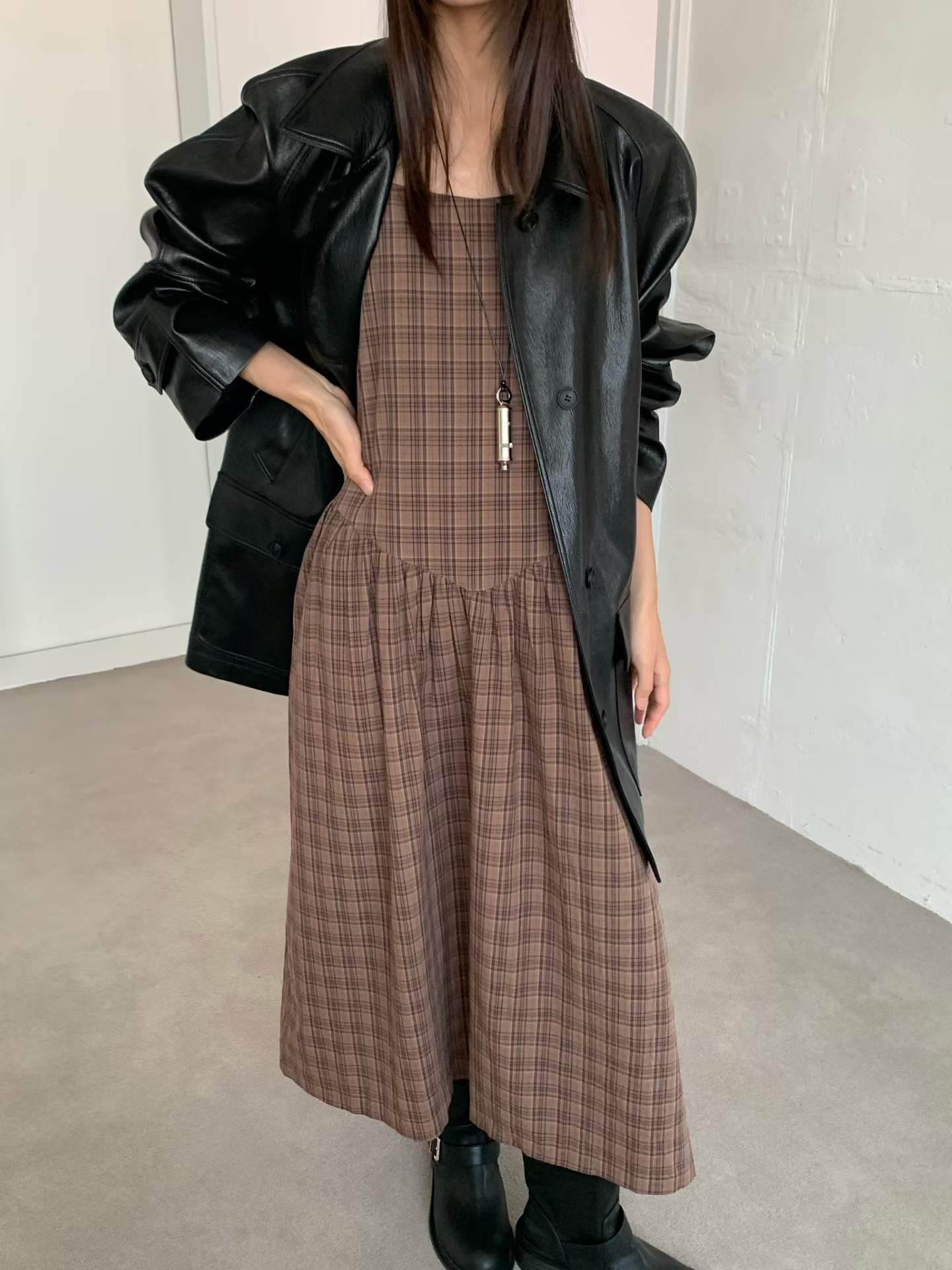 FALA PLAID SPAGHETTI STRAPS PINAFORE DRESS