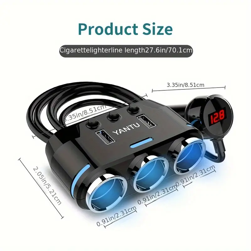 Smart 3-Socket Car Charger with LED Voltage Display & Dual USB Ports - Perfect for All Car Devices!