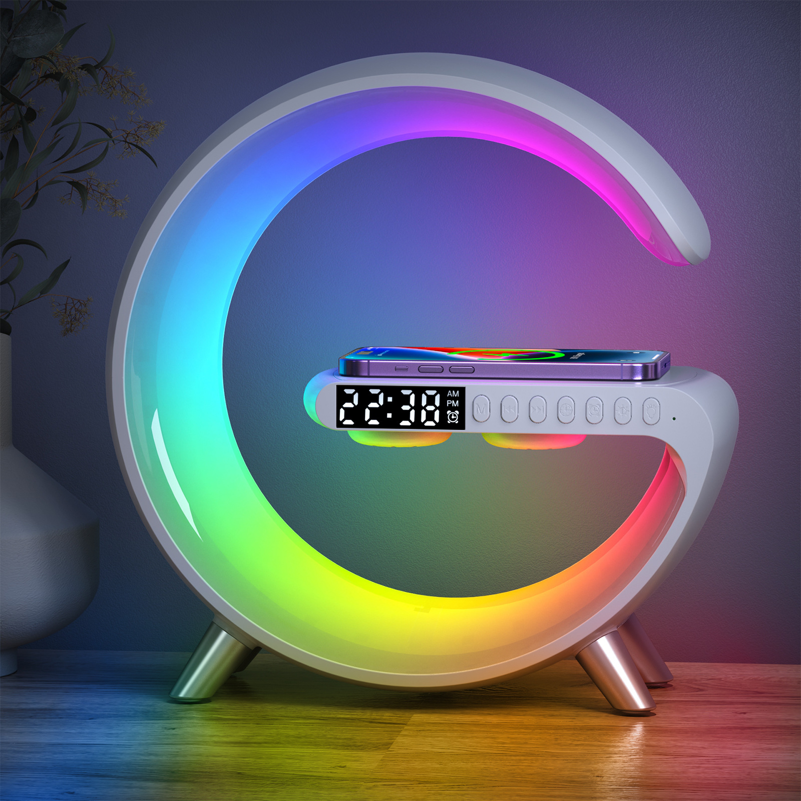 LED Ambience Lighting Bedroom Night Light Bluetooth Speaker Living Room Decor Ambience Light Rechargeable Battery Powered Dormitory Bedside Lamp with 15W Wireless Charging