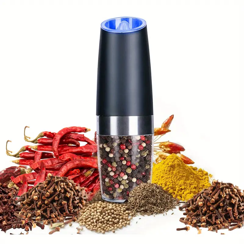 2pcs Gravity Electric Pepper And Salt Grinder Set, Adjustable Coarseness, Battery Powered With LED Light, One Hand Automatic Operation, Stainless Steel Black 7.8inch/2inch